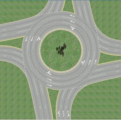 Figure 6. Screenshot. Geometry and markings for LT, T, and TR lane restrictions. This screenshot shows an aerial view of a three-lane roundabout. Fishhook markings are shown on the entrance leg at the bottom of the image. Within the circular roadway, only conventional (not fishhook) lane markings are used. Within the circular roadway, markings are placed adjacent to the splitter islands of the four legs of the roundabout. The markings for the center and right lanes indicate the driver must proceed straight (that is, take the next exit). The marking for the inside lanes shows that both left and straight movements are allowed.