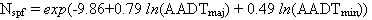 Equation 2. N subscript spf for four-legged stop-controlled intersections. N subscript spf equals the exponent of the sum of parenthesis -8.56 plus 0.60 times ln parenthesis AADT subscript maj end parenthesis plus 0.61 times ln parenthesis AADT subscript min end parenthesis end parenthesis.