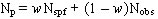 Equation 3. N subscript p. N subscript p equals w times N subscript spf plus parenthesis 1 minus w end parenthesis times N subscript obs.