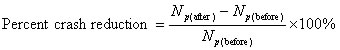 Equation 8. Percent crash reduction. Percent crash reduction equals N subscript p parenthesis after end parenthesis minus N subscript p parenthesis before end parenthesis divided by N subscript p parenthesis before end parenthesis, all multiplied by 100 percent.