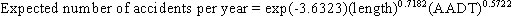 Equation 2. Expected number of accidents per year for HSIS data. Expected number of accidents per year equals exp parenthesis -3.6323 close parenthesis parenthesis length close parenthesis superscript 0.7182 parenthesis AADT close parenthesis superscript 0.5722.