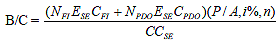 B slash C equals open parenthesis N subscript FI times E subscript SE times C subscript FI plus N subscript PDO times E subscript SE times C subscript PDO close parenthesis times open parenthesis P slash A comma i percent comma n close parenthesis all over CC subscript SE.