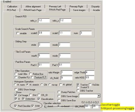 This figure shows the pedestrian classifier (PC) interface. There are circled options that indicate selection options to run the pedestrian classifier and a post-processing support vector machine (SVM) classifier for bush rejection.