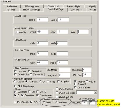 This figure shows the pedestrian classifier (PC) interface. There are circled options that indicate options to select a histogram of oriented gradient (HOG) AdaBoost classifier (Boost) or a contour plus HOG AdaBoost classifier (vertical support (VS) + Boost).