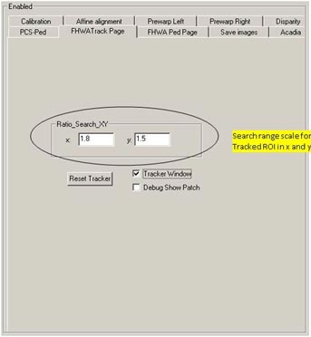 This figure shows the pedestrian classifier interface. The circled boxes indicate options to set the tracker search range as a multiplier to the detection box position in the X and Y directions.