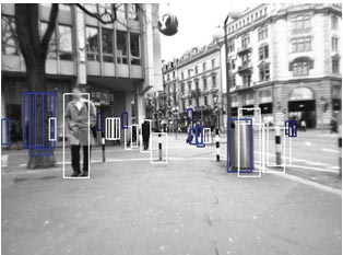 This photo shows true detections and typical false positives. People are tracked in an urban environment using white bounding boxes. Blue bounding boxes outline trees and objects.