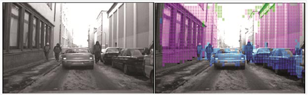 This photo shows two images. The image on the left shows pedestrians walking on a snow-covered street and a car driving down the center of the street. The image on the right separates people from buildings using colors and shows tracking of the image on the left. Purple coloring indicates buildings, blue coloring indicates people and vehicles, and green coloring indicates the tops of buildings.