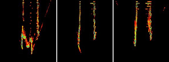 This illustration shows three sample vertical support histogram (VSH) images. The image on the left image shows VSH for the low vertical band (hlow), the middle image shows VSH for the middle band (hmid), and the right image shows VSH for the high vertical band (hhi).