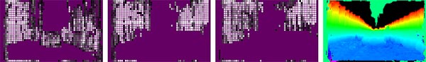This illustration provides examples of vertical support histograms (VSHs) and the height of each pixel. The three images on the left depict the VSH from each vertical band projected on the image. The rightmost image shows the height associated with each pixel of the image.