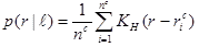 p open parenthesis r given l close parenthesis equals 1 divided by n superscript c times sigma where i equals 1 to n superscript c multiplied by K subscript H open parenthesis r minus r subscript i superscript c close parenthesis.