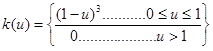 k open parenthesis u close parenthesis equals bracket open parenthesis 1 minus u close parenthesis superscript 3 when u is greater than or equal to 0 and less than or equal to 1 divided by 0 when u is greater than 1 close bracket.