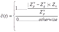 Delta open parenthesis t close parenthesis equals 1 if absolute value of Z subscript p superscript w minus Z subscript q superscript w is less than Z subscript n or equals 0 otherwise.