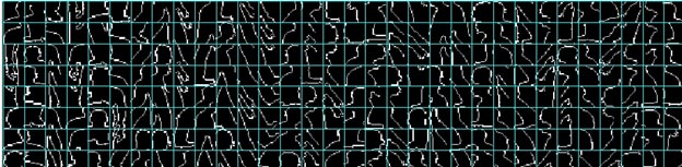 This illustration shows an example of local contour models. The part vocabulary is sampled from silhouette contour data where each local vocabulary set can cover body pose and shape variations. Example images show various contour models used in the pedestrian contour matching module.