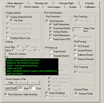 This figure shows a screenshot of the pedestrian detection (PD) interface. There is a cursor arrow that indicates the selection option to display the output of the structure classifier (SC).