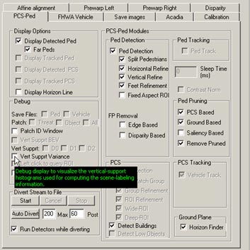 This figure shows a screenshot of the pedestrian detection (PD) interface. There is a cursor arrow that indicates the selection option to display an intermediate vertical support histogram (VSH) output of the structure classifier (SC).