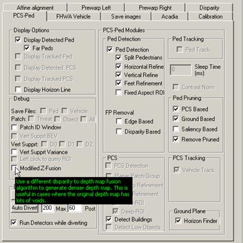 This figure shows a screenshot of the pedestrian detection (PD) interface. There is a cursor arrow that indicates the selection option to display the depth/disparity map generated by the stereo algorithm.