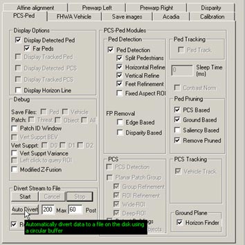 This figure shows a screenshot of the pedestrian detection (PD) interface. There is a cursor arrow that indicates the selection option to automatically divert data to a file on disk whenever a pedestrian is detected. 
