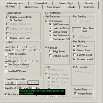This figure shows a screenshot of the pedestrian detection (PD) interface. There is a cursor arrow that indicates the selection option to define the maximum number of frames that are maintained in temporary storage during the automatic divert of data to disk.