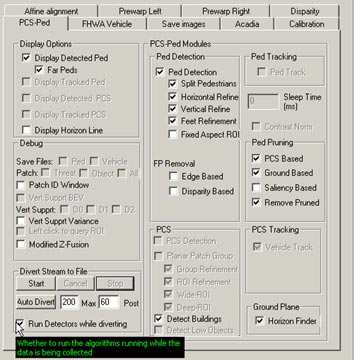 This figure shows a screenshot of the pedestrian detection (PD) interface. There is a cursor arrow that indicates the selection option that specifies whether the PD algorithms should operate while data are being stored to disk. 
