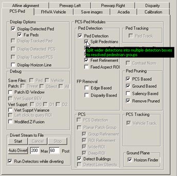 This figure shows a screenshot of the pedestrian detection (PD) interface. There is a cursor arrow that indicates the selection option that enables the PD algorithm to split wide object detections into multiple pedestrian candidates. This is turned on by default and is used to resolve detections within groups of pedestrians observed together by the cameras.