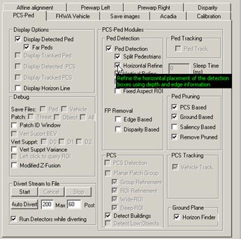 This figure shows a screenshot of the pedestrian detection (PD) interface. There is a cursor arrow that indicates the selection option that enables the PD algorithm to refine the horizontal placement of the initial detection box using depth and edge data.