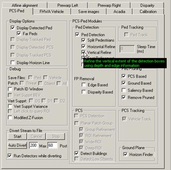 This figure shows a screenshot of the pedestrian detection (PD) interface. There is a cursor arrow that indicates the selection option that enables the PD algorithm to refine the vertical placement of the initial detection box using depth and edge data.