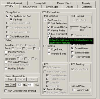 This figure shows a screenshot of the pedestrian detection (PD) interface. There is a cursor arrow that indicates the selection option that enables the PD algorithm to use the ground plane estimate to better locate the foot location of a detected pedestrian candidate.
