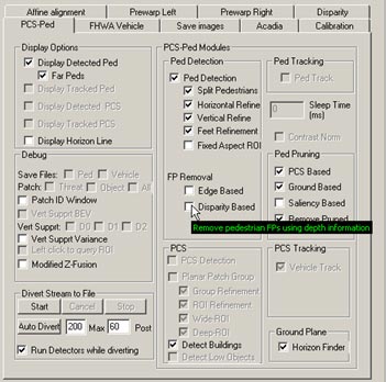 This figure shows a screenshot of the pedestrian detection (PD) interface. There is a cursor arrow that indicates the selection option that enables the algorithm to use image depth information to reject false positives (FPs).