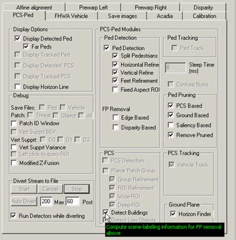 This figure shows a screenshot of the pedestrian detection (PD) interface. There is a cursor arrow that indicates the selection option that enables the PD algorithm to use the structure classifier (SC) algorithm to detect tall vertical structure (i.e., buildings, trees, and poles).