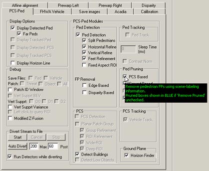 This figure shows a screenshot of the pedestrian detection (PD) interface. There is a cursor arrow that indicates the selection option that enables the PD algorithm to reject false positives (FPs) as indicated by the structure classifier (SC) algorithm.