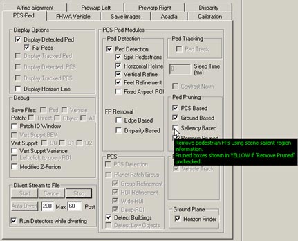 This figure shows a screenshot of the pedestrian detection (PD) interface. There is a cursor arrow that indicates the selection option that enables the PD algorithm to use image saliency information to reject false positives (FPs).