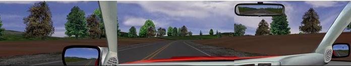 Figure 7. Screenshot. Example curve after the curve warning sign and advisory speed panel. This image is a composite developed from the three screens of the simulator. The view appears to be out the front and side windows of a vehicle driving on a rural road. The vehicle is about to enter a right-hand curve.