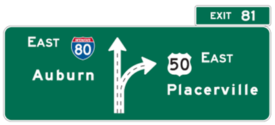 The figure shows a sign that includes a graphic view of a multilane exit/split geometry in relation to the main highway. One route with two lanes continues straight and the other route with two lanes exits to the right.