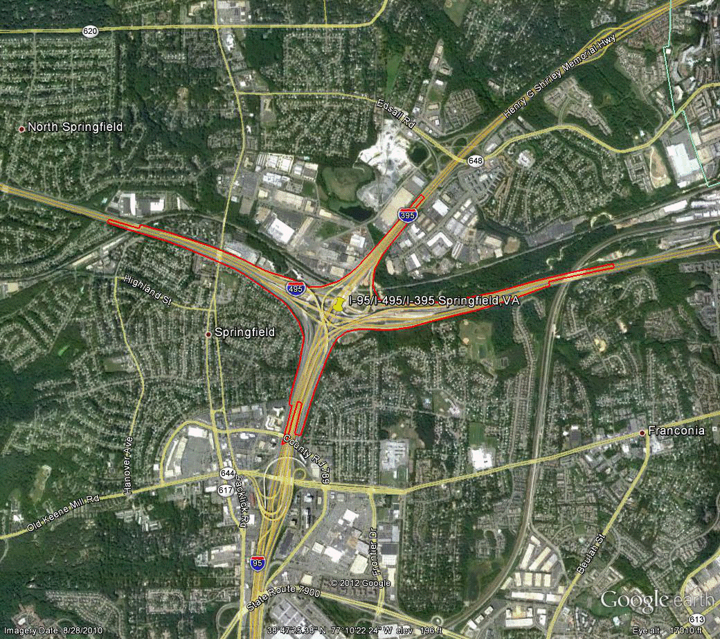 Figure 105. Photo. Aerial view of site VA-1. This figure shows an aerial photo of the interchange of I-95/I-395 Connector with I-495 in Springfield, VA. The study limits along each route were drawn on the aerial photograph.