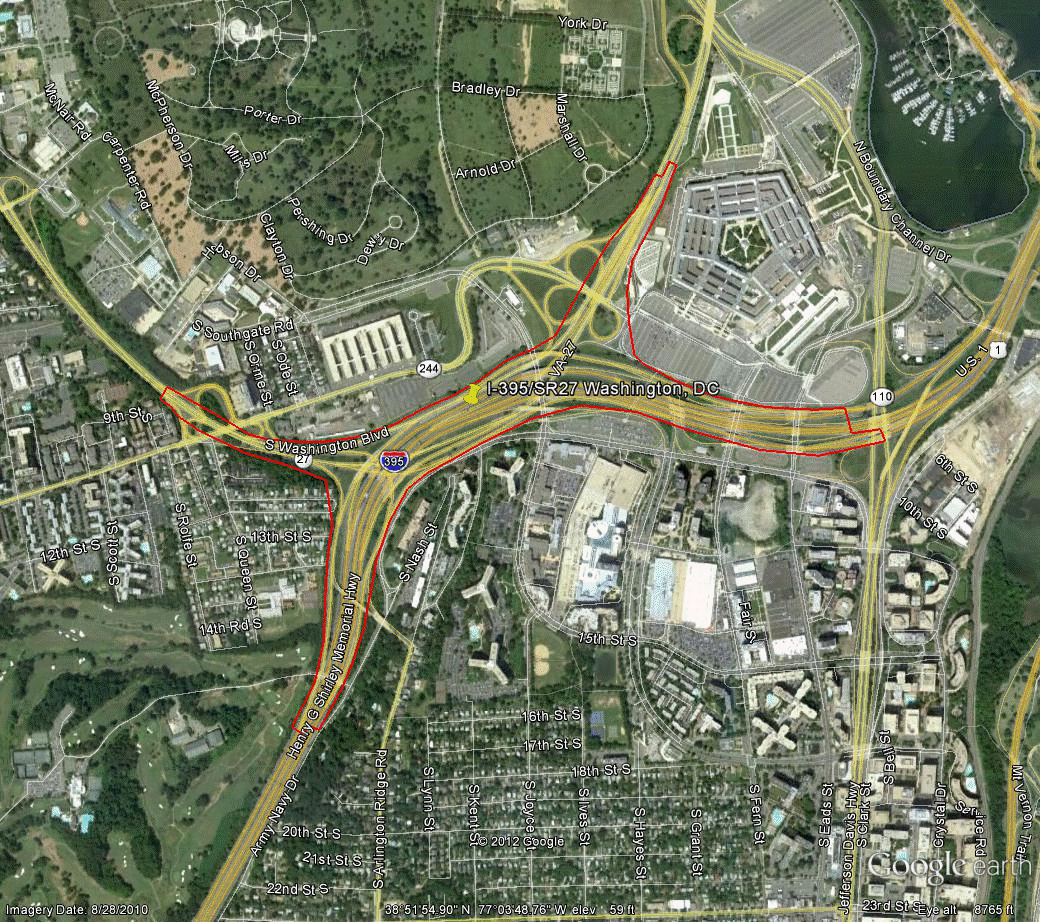 Figure 106. Photo. Aerial view of site VA-2. This figure shows an aerial photo of the interchange of I-395 with SR 27 in Washington, DC. The study limits along each route were drawn on the aerial photograph.
