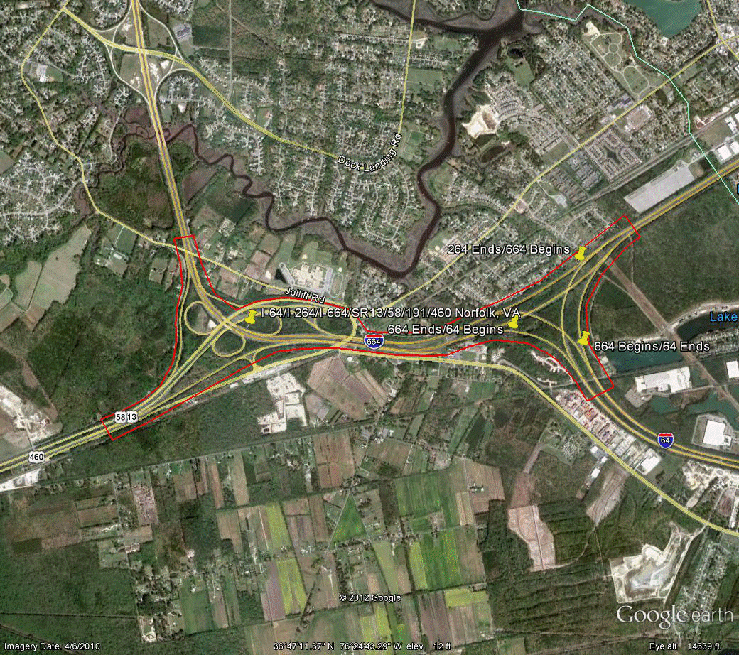 Figure 107. Photo. Aerial view of site VA-3. This figure shows an aerial photo of the interchange of I-664 with I-64, I-264, US-13, US-58, US-460, and SR 191 in Norfolk, VA. The study limits along each route were drawn on the aerial photograph.