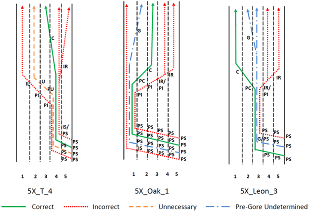 The figure shows the correct, incorrect, unnecessary and pregore undetermined paths for each testing scenario in topic 5.