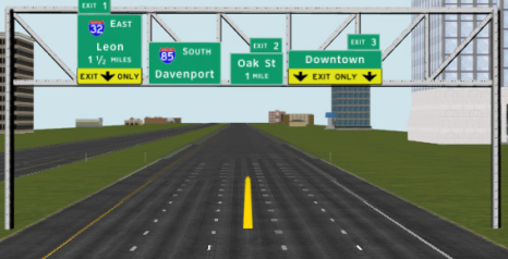 Figure 66. Screenshot. SS 5-A: no sign spreading. This figure shows a screen shot of sign set (SS) 5-A, which has four signs over five lanes. The Davenport sign is over lane 2. 