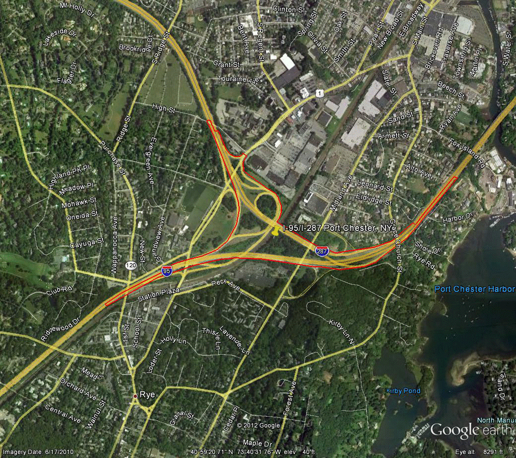 Figure 95. Photo. Aerial view of site NY-1. This figure shows an aerial photo of the interchange of I-95 with I-287 in Port Chester, NY. The study limits along each route were drawn on the aerial photograph.