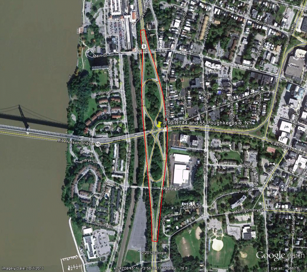 Figure 96. Photo. Aerial view of site NY-3. This figure shows an aerial photo of the interchange of US-44/SR 55 with US-9 in Poughkeepsie, NY. The study limits along each route were drawn on the aerial photograph.