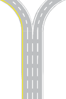 This illustration shows a response option for scenario 1 critical point 1. There is a four-lane single direction highway. It splits at the top to the left and right, with two lanes in each direction.