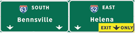 This illustration shows sign set B for topic 1. There are two signs side-by-side. The left sign has two down arrows and is labeled  63 South Bennsville.  The sign on the right has two down arrows; the arrow on the right has a yellow background and is labeled  Exit Only.  Above the arrows, the sign is labeled  52 East Helena. 