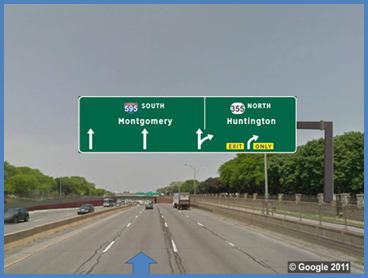 This photo shows an example test slide from topic 2 depicting a through lane to exit movement. There is a four-lane single direction highway with vehicles traveling on it. There is a blue arrow pointing up in the second lane from the left. There is one large sign spanning the four lanes. The part of the sign over the left lane has an arrow pointing up. The part over the second-to-left lane also has an arrow pointing up. The part over the third lane has an arrow pointing up with an arrow branching to the right. There is a vertical line extending from the split up. The left part of the split sign is labeled  595 South Montgomery.  The part of the sign over the right lane has an arrow curving to the right. Next to the arrow is labeled  Exit Only  with a yellow background. The right part of the split sign is labeled  355 North Huntington. 