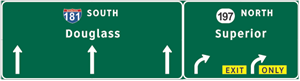 This illustration shows sign set A for topic 2. There are two signs connected to each other. The left sign has three up arrows. Above the arrows, the sign is labeled  181 South Douglass.  The left sign has two up arrows curving to the right. Between the arrows, there is a yellow plaque labeled  Exit Only.  Above the arrows, the sign is labeled  197 North Superior. 