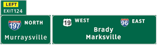 . This illustration shows an example exit notation of sign set A used in topic 3 questions. There are two signs in this figure. The sign on the left is labeled  197 North Murraysville.  There is an extension on the top left labeled  Left Exit 124,  with  left  highlighted in yellow. The sign on the left has two rows of text. The top left is labeled  19 West,  and the top right is labeled  96 East.  Below and between those two labels is  Brady Marksville. 