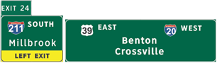 This illustration shows an example exit notation of sign set B used in topic 3 questions. There are two signs in this figure. The sign on the left is labeled  211 South Millbrook.  The bottom part of the sign is yellow and is labeled  Left Exit.  There is an extension on the top left labeled  Exit 24.  The sign on the right has two rows of text. The top left is labeled  39 East,  and the top right is labeled 20 West.  Below and between those two labels is  Benton Crossville. 