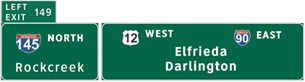 This illustration shows an example exit notation of sign set C used in topic 3 questions. There are two signs in this figure. The sign on the left is labeled  145 North Rockcreek.  There is an extension on the top left labeled  Left Exit 149.  The sign on the right has two rows of text. The top left is labeled  12 West,  and the top right is labeled  90 East.  Below and between those two labels is  Elfrieda Darlington. 