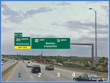 This photo shows an example test slide from topic 3 depicting lane 1 to through destination. There is a four-lane single direction highway with the lanes labeled 1 through 4 from left to right, with number 1 highlighted in blue. There are two signs spanning the four lanes. The sign on the left is over the left-hand lane and is labeled  211 South Millbrook.  The bottom part of the sign is yellow and is labeled  Left Exit.  There is an extension on the top left labeled  Exit 24.  The sign on the right spans the remaining three lanes and has two rows of text. The top left is labeled  39 East,  and the top right is labeled  20 West.  Below and between those two labels is  Benton Crossville. 