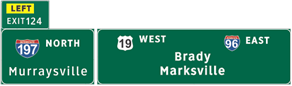 This illustration shows sign set A for topic 3 question 1. There are two signs next to each other. The sign on the left has a plaque attached to the top left with  Left  in yellow followed by  Exit 124.  The main part of the sign is labeled  197 North Murraysville.  The sign on the right has three labels: one on the top left, one on the top right, and one in the center. The labels are as follows:  19 West,   96 East,  and  Brady Marksville,  respectively.