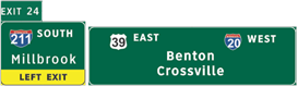 This illustration shows sign set B for topic 3 question 1. There are two signs next to each other. The sign on the left has a plaque attached to the top left labeled  Exit 24.  The main part of the sign is labeled  211 South Millbrook.  The bottom of the sign is yellow and is labeled  Left Exit.  The sign on the right has three labels: one on the top left, one on the top right, and one in the center. The labels are as follows:  39 East,   20 West,  and  Benton Crossville,  respectively.